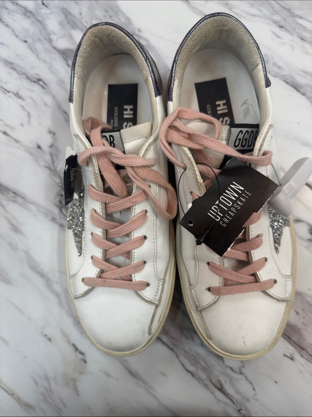 Golden Goose White Leather Sneakers with Pink Laces and Silver Star - Picture 7 of 10